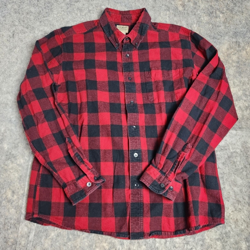 LL Bean Flannel Shirt Men L Red Black Buffalo Plaid Traditional Fit Button Up